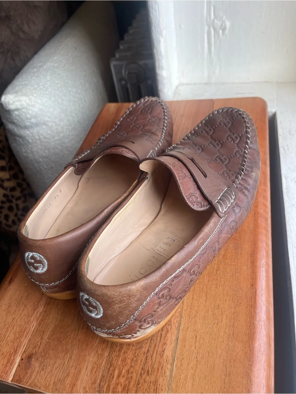 Gucci Brown GG-Embossed Leather Penny Loafers